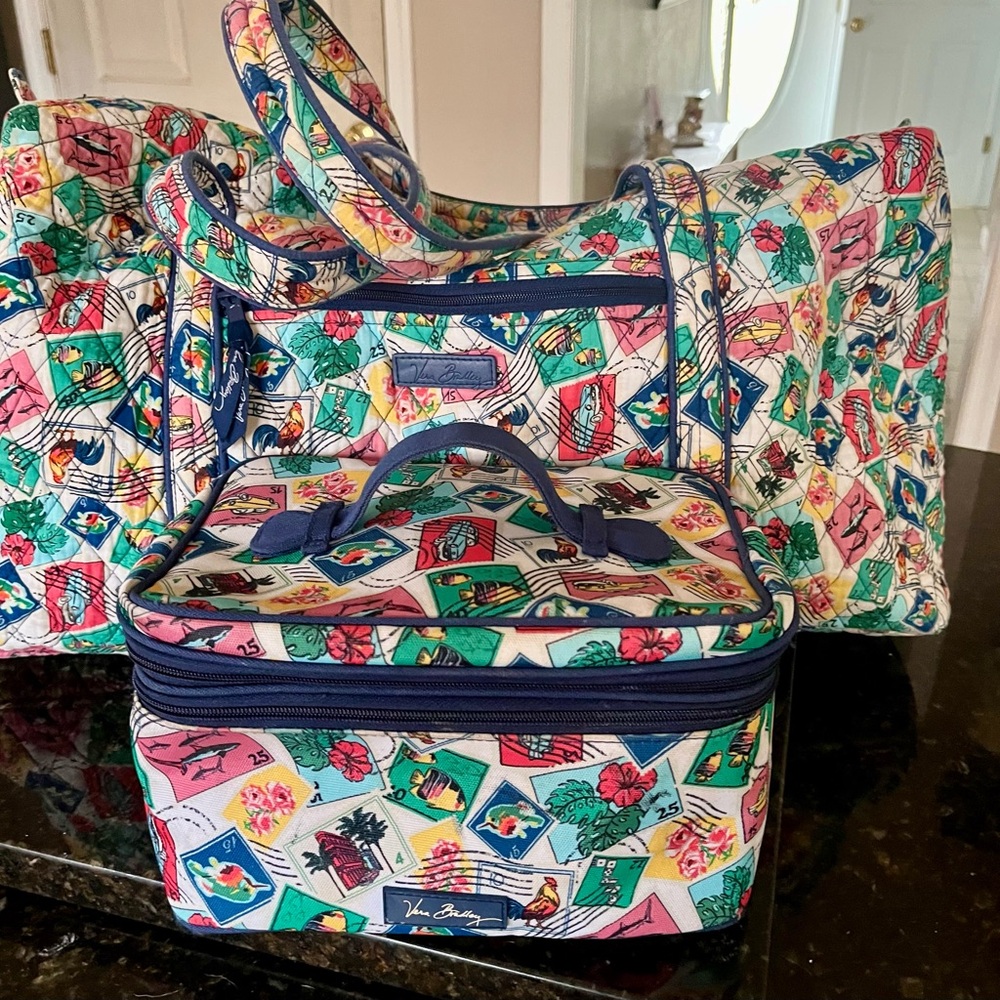 Vera Bradley large duffel Cuban Stamps and cosmetic case set!
